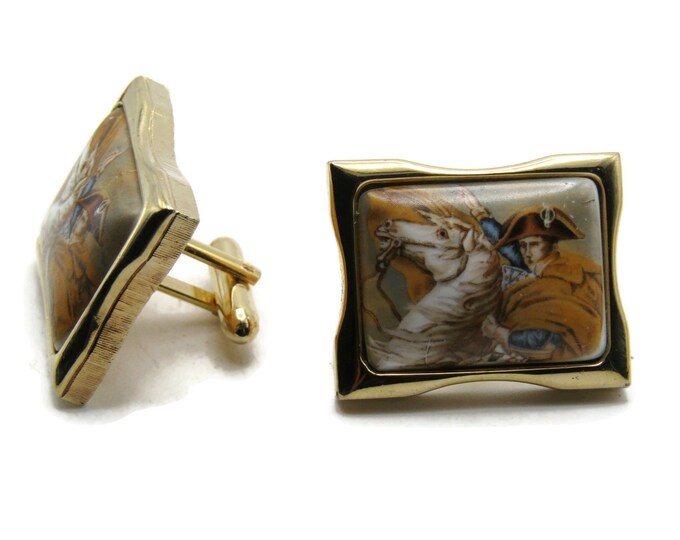 Horse And Rider Stone Portrait Cuff Links Men's Jewelry Gold Tone