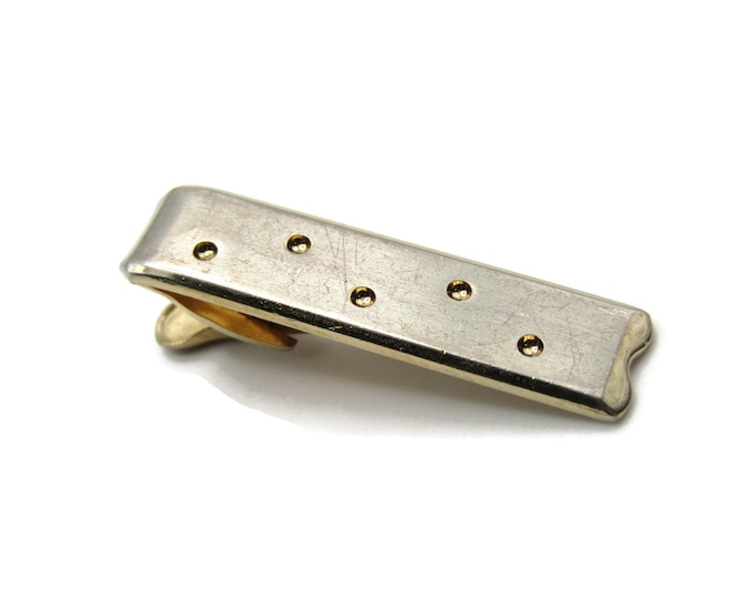 Etched Dot Pattern Silver Tone Background Gold Tone Vintage Tie Bar Tie Clip Men's Jewelry