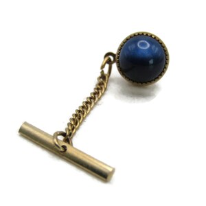 Blue Stone Inlay Tie Lapel Pin & Chain Gold Tone Men&#39;s Jewelry