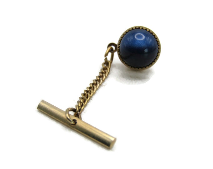Blue Stone Inlay Tie Lapel Pin & Chain Gold Tone Men's Jewelry