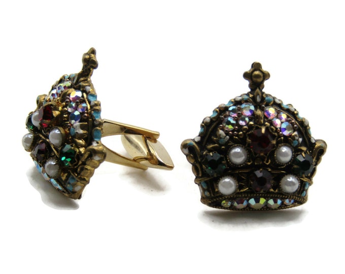 Rhinestone Inlay Crown Cuff Links Multicolored Men's Jewelry Gold Tone