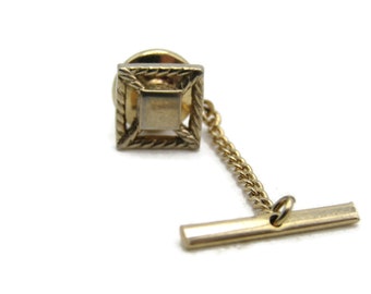 Decorative Square Tie Lapel Pin & Chain Gold Tone Men's Jewelry