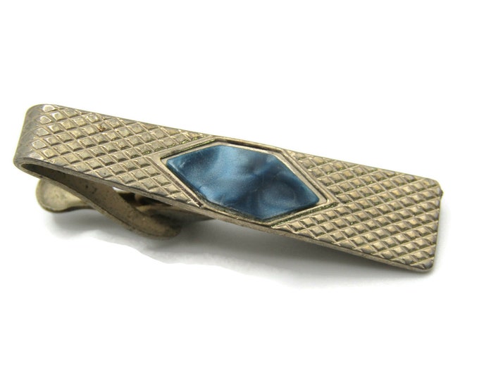 Blue Jewel Inlay Textured Patterned Tie Bar Gold Tone Tie Clip Men's Jewelry