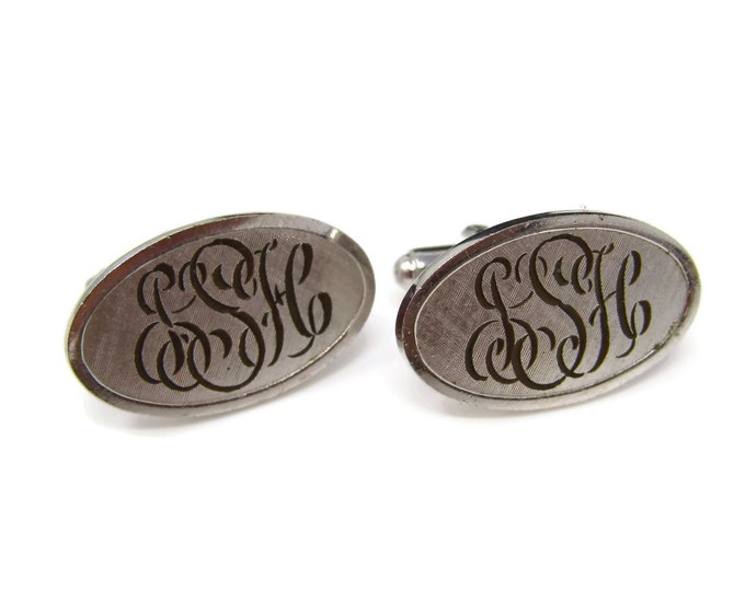 Vintage Cufflinks for Men: KHS Letters Initials Script Font Design Silver Tone