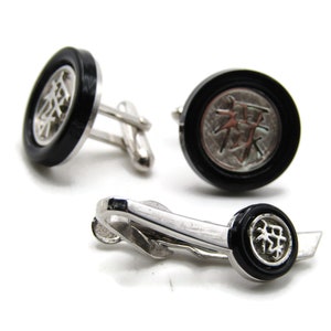Abstract Branch Design Round Cuff Links And Tie Clip Set Men&#39;s Jewelry Black And Silver Tone