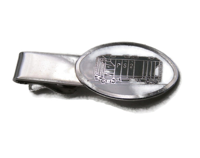 PS2 Blue Train Car Tie Clip White Background Tie Bar Men's Jewelry Silver Tone