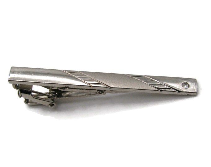 Rhinestone Inlay Diagonal Etched Lines Silver Tone Tie Clip Tie Bar Men's Jewelry