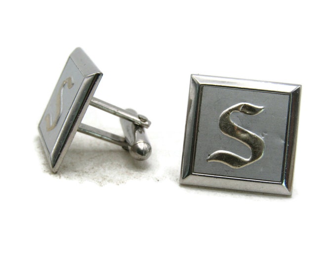 Raised S Letter Initial Monogram Cuff Links Silver Tone Men's Jewelry
