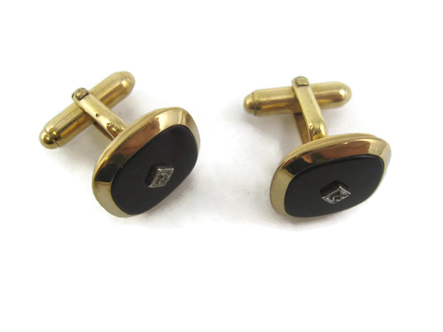 Vintage Cufflinks for Men Very Nice Clear Jewel Black 12K Gold Fill
