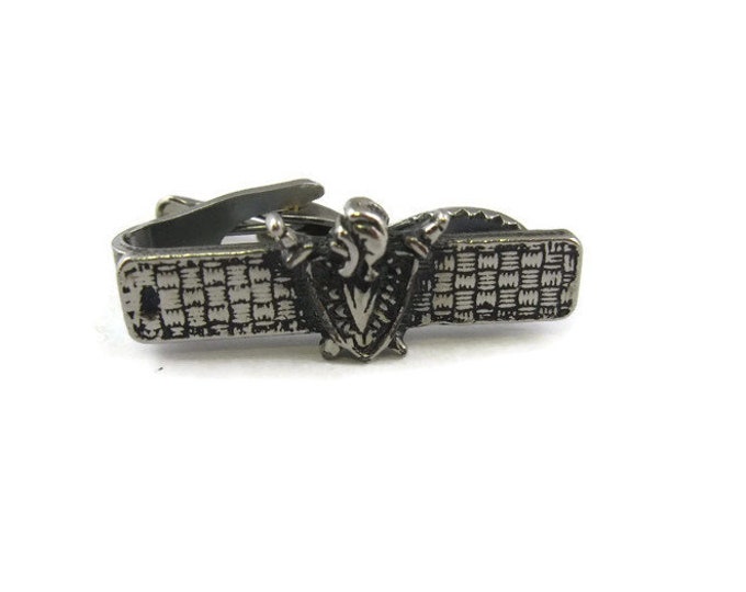 Vintage Tie Bar Clip: Shield Crest Knight Sword Silver Tone Weave Pattern Design