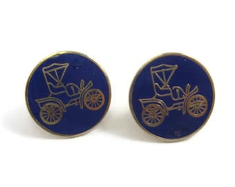 Vintage Cufflinks for Men: Blue Enamel Antique Car Design
