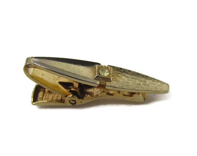 Vintage Tie Bar Tie Clip: Clear Jewel Center Textured Half Smooth Half Gold Tone