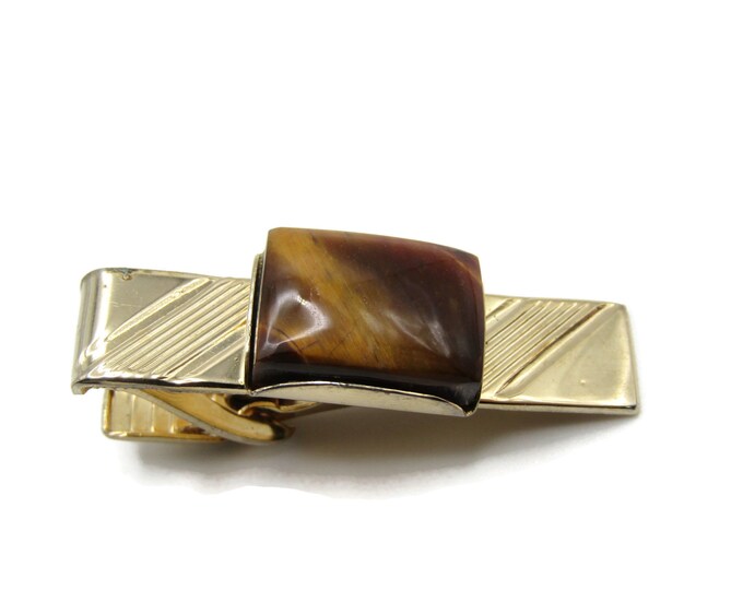 Brown Stone Centered Inlay Diagonal Etching Gold Tone Modernist Tie Clip Tie Bar Men's Jewelry