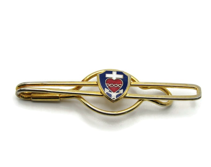 Shield Shape Cross Red Heart Arrows Blue Background Gold Tone Open Body Tie Clip Tie Bar Men's Jewelry