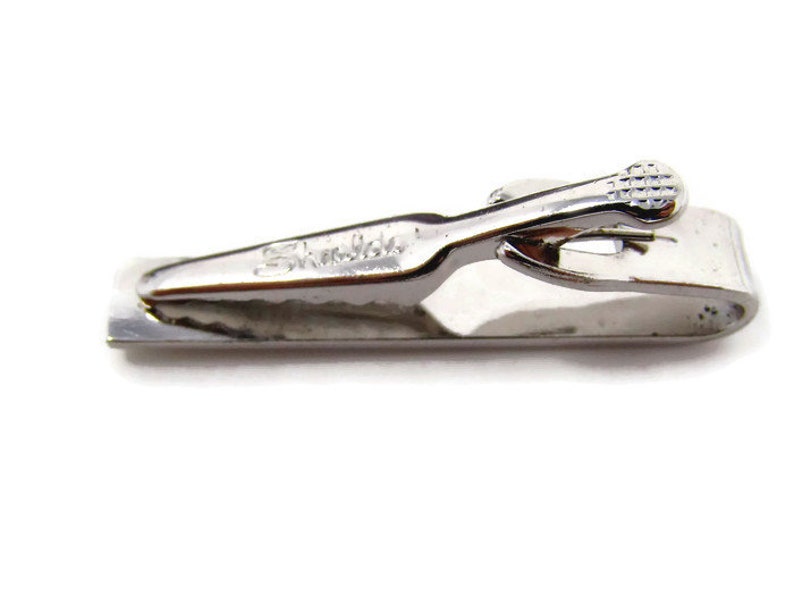 Modernist Silver Tone Red Jewel Tie Clip Vintage Tie Bar