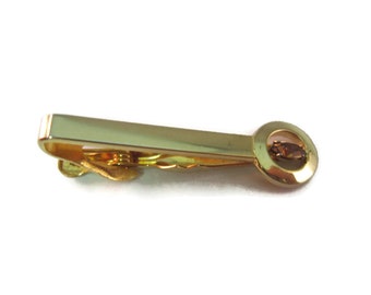 Vintage Men's Tie Bar Clip Jewelry: Brown Jewel Gold Tone Open Circle End Design