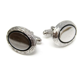 Vintage Silver Tone Cufflinks: Oval Black Border Groove Design