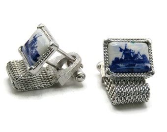 White And Blue Stone Outdoor Scene Chain Cuff Links Men's Jewelry Silver Tone