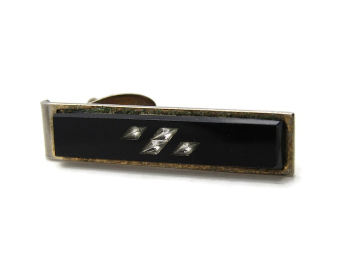 Black Stone And Rhinestone Inlay Tie Clip Tie Bar Men's Jewelry Gold Tone