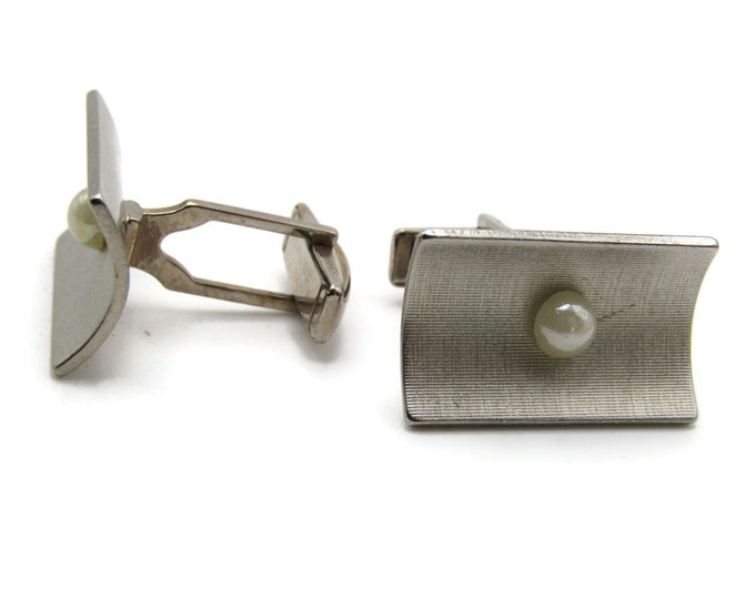 White Stone Curved Rectangle Cuff Links Men's Jewelry Silver Tone