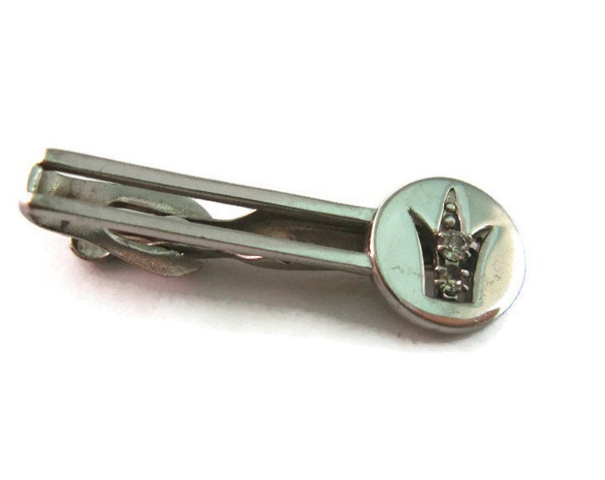 Vintage Men's Tie Bar Clip Jewelry: Silver Tone Crown Double Clear Jewel Design