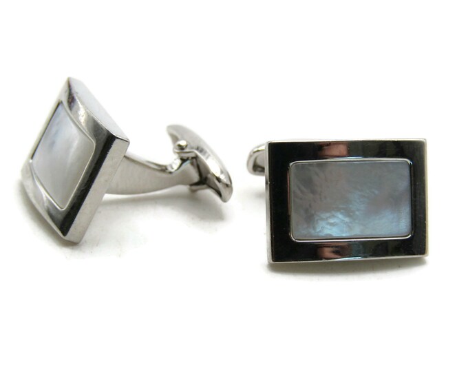 White Stone Inlay Rectangle Cuff Links Men's Jewelry Silver Tone