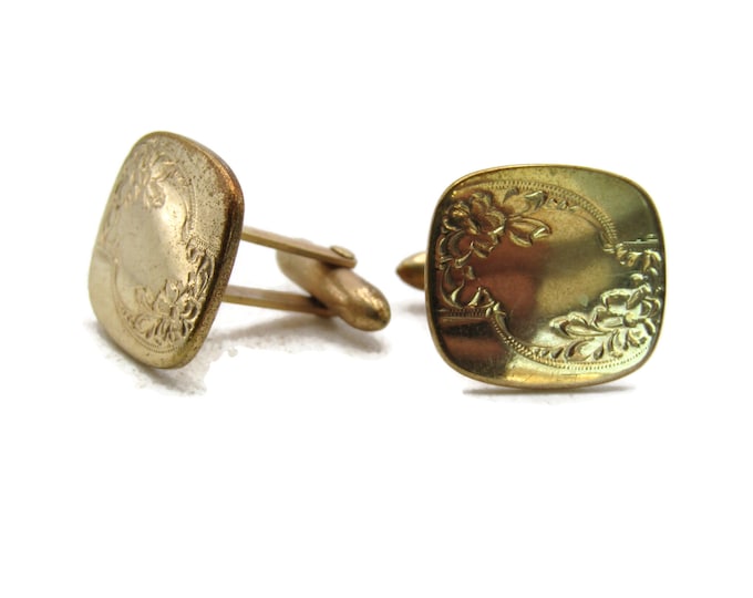 Floral Motif Rounded Square Cuff Links Gold Tone Modernist Men's Jewelry