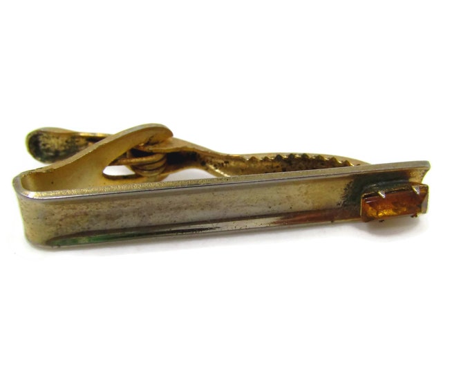 Vintage Tie Clip Tie Bar: Amber Color Jewel Gold Tone Body