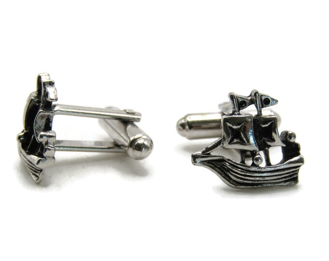 Pirate Ship Cuff Links Men's Modern Jewelry Black And Silver Tone