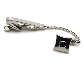 Textured Tie Clip Rhinestone Inlay Tie Pin And Chain Tie Bar Silver Tone