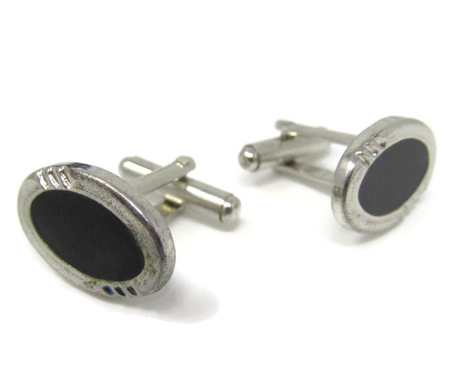 Black Center Oval Men's Cufflinks: Vintage Silver Tone - Stand Out from the Crowd with Class