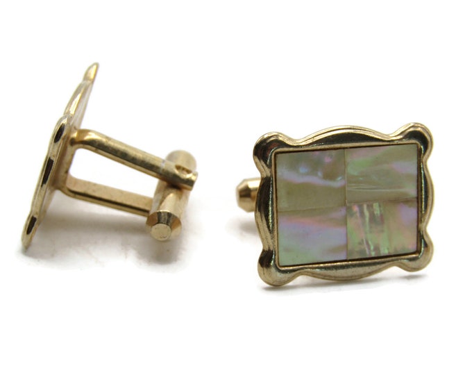 Mother Of Pearl Rectangle Cuff Links Decorative Edge Men's Jewelry Gold Tone