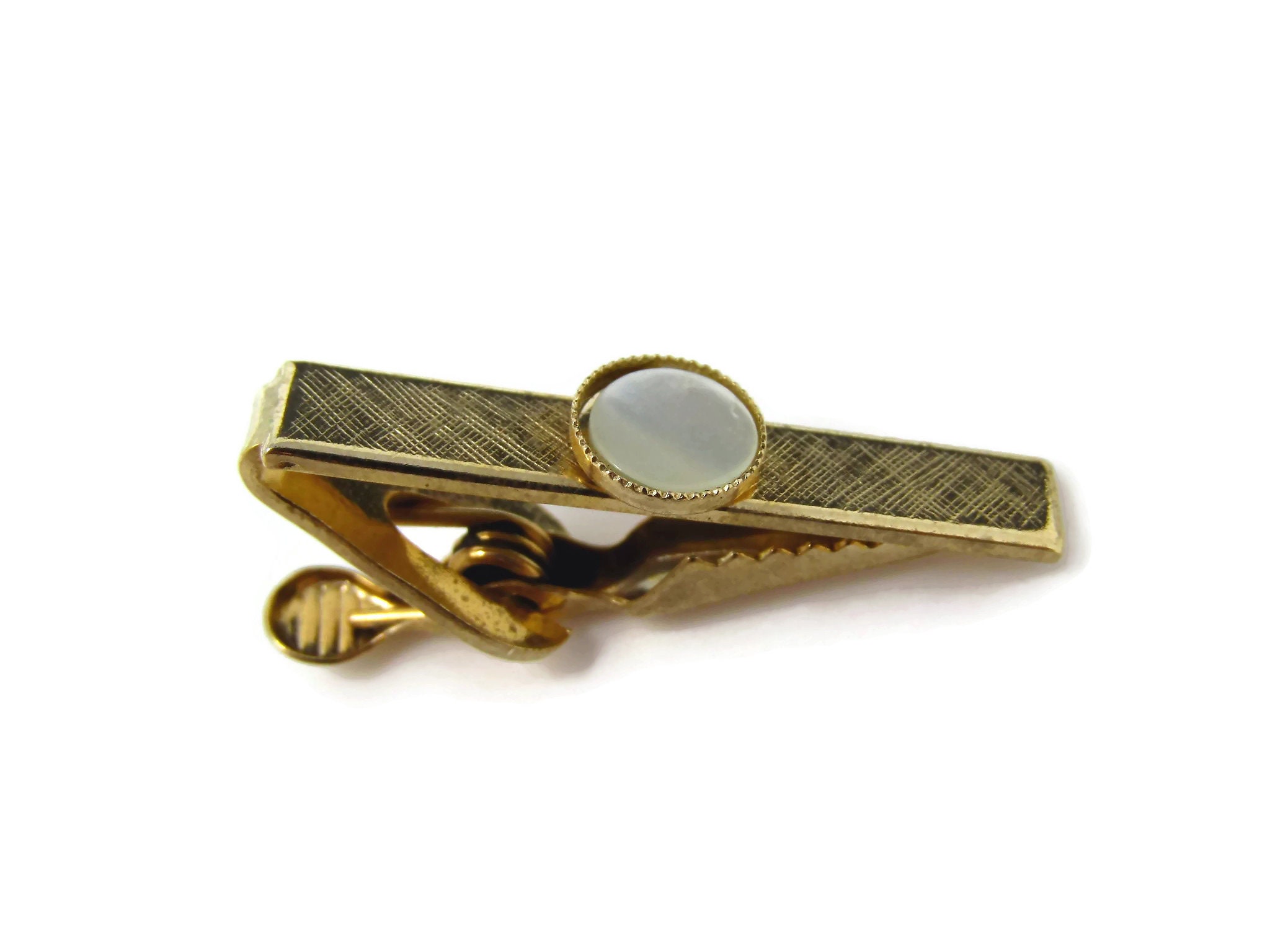 Vintage Tie Clip Tie Bar: Mother of Pearl Center Accent Textured Gold ...