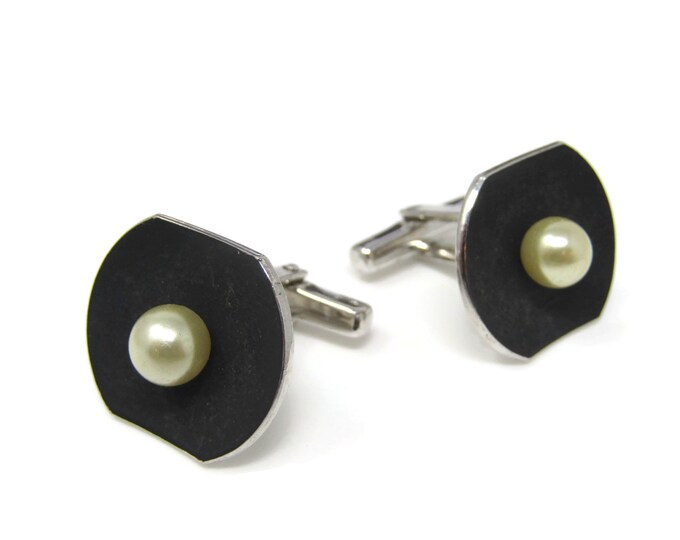 Faux Pearl Black Background Men's Cufflinks: Vintage Silver Tone - Stand Out from the Crowd with Class