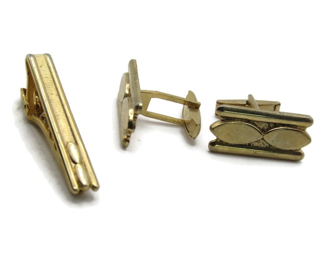 Oval And Bars Design Cuff Links And Tie Clip Set Men's Jewelry Gold Tone