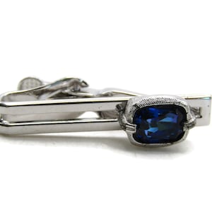Blue Rhinestone Inlay Bars Tie Clip Modernist Tie Bar Men&#39;s Jewelry Silver Tone