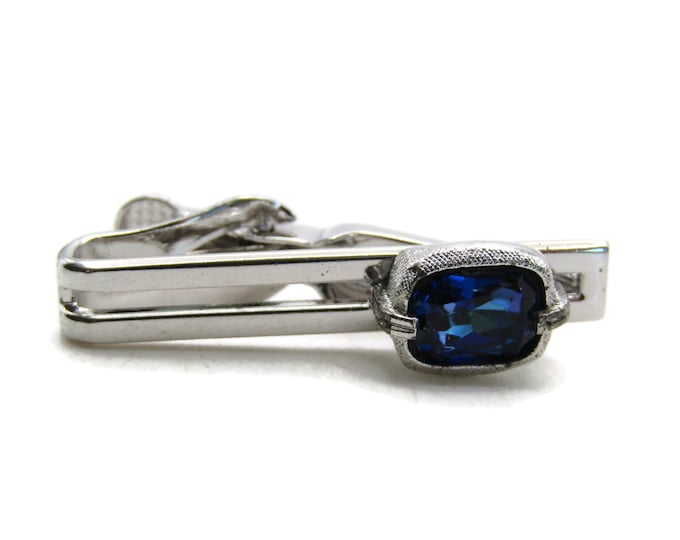 Blue Rhinestone Inlay Bars Tie Clip Modernist Tie Bar Men's Jewelry Silver Tone