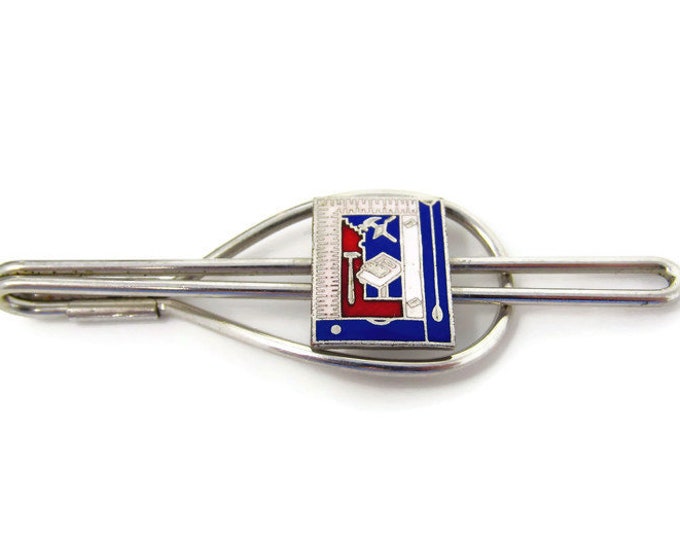 Red White Blue Ruler Square Emblem Tie Clip Vintage Tie Bar: Silver Tone