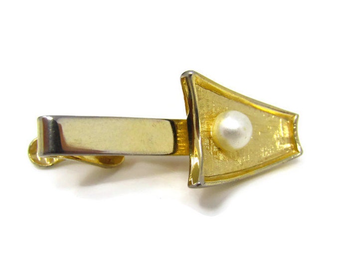 Faux Pearl Modernist Tie Clip Vintage Tie Bar: Gold Tone Nice Quality