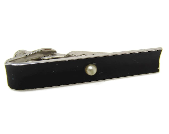 Cool Tie Bar Tie Clip Vintage Faux Pearl Center Black