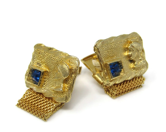 Vintage Cufflinks for Men: Warrior Blue Jewel Accent Wrap Design Gold Tone