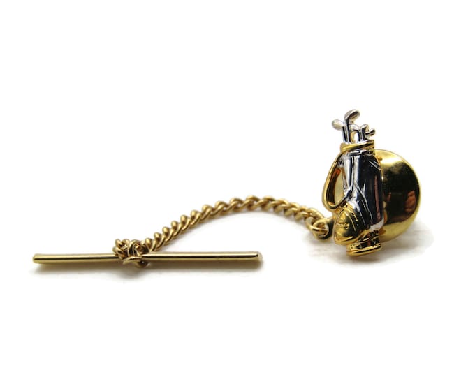 Golf Clubs And Bag Tie Pin And Chain Men's Jewelry Gold Tone