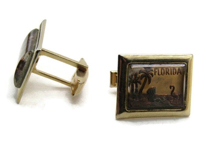 Florida Lettered Beach Scene Cuff Links Men's Jewelry Gold Tone