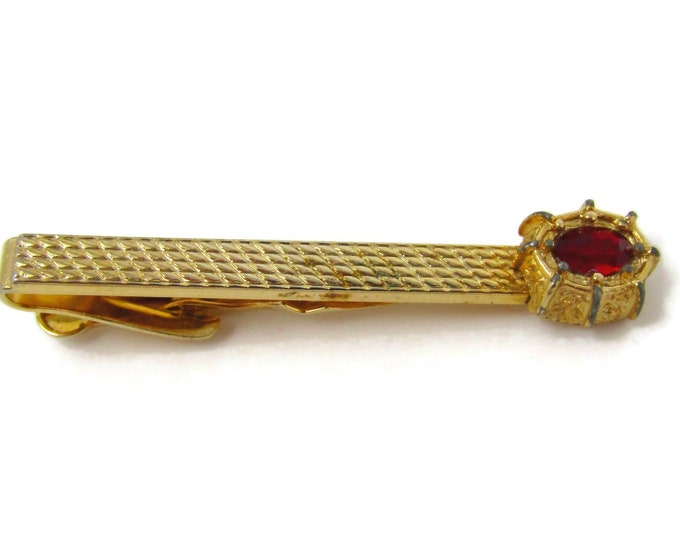 Red Jewel Tie Clip Men's Vintage Tie Bar Nice Gold Tone