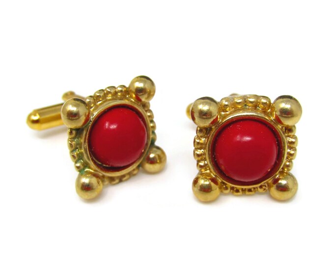 Vintage Cufflinks for Men: Red Round Center Excellent Setting Gold Tone