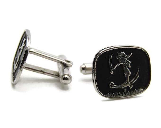 Person And Boat Graphic Cuff Links Men's Jewelry Black And Silver Tone