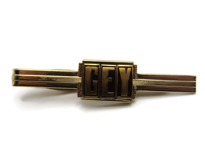 GEY Name Initials Monogram Horizontal Lines Modernist Industrial Gold Tone Tie Clip Tie Bar Men's Jewelry