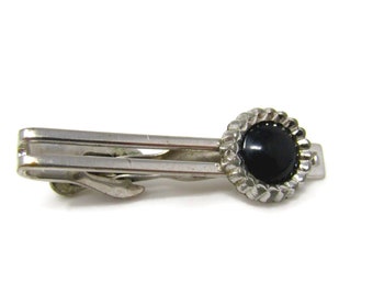 Black Accent Tie Clip Men's Vintage Tie Bar Silver Tone Nice Design