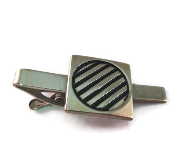 Vintage Men's Tie Bar Clip Jewelry: Black & Silver Tone Striped Design