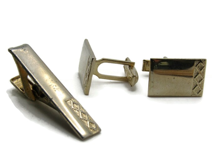 Rectangle With Diamond Pattern Cuff Link And Tie Clip Tie Bar Set Men's Jewelry Gold Tone
